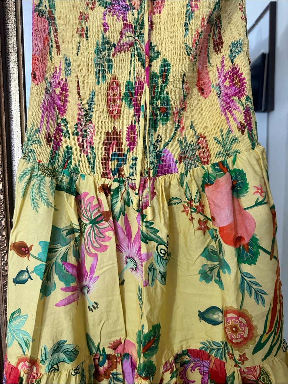 FARM Rio Yellow Tropical Floral & Fruit Tiered Maxi Dress with Pink Accents - Picture 6 of 9